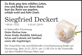 Traueranzeige von Siegfried Deckert von WVG - Wochenspiegel Dessau / Köthen