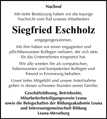 Traueranzeige von Siegfried Eschholz von Mitteldeutsche Zeitung Merseburg/Querfurt