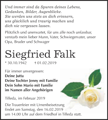 Traueranzeige von Siegfried Falk von Super Sonntag SGH Mansf. Land