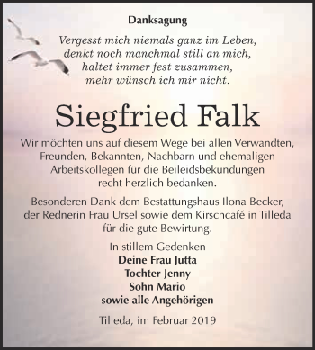 Traueranzeige von Siegfried Falk von Super Sonntag SGH Mansf. Land