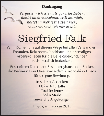 Traueranzeige von Siegfried Falk von Mitteldeutsche Zeitung Sangerhausen
