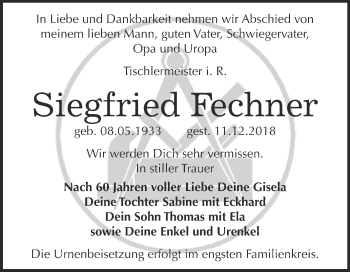 Traueranzeige von Siegfried Fechner von WVG - Wochenspiegel Bitterfeld