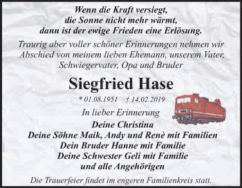 Traueranzeige von Siegfried Hase von WVG - Wochenspiegel Dessau / Köthen