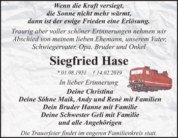 Traueranzeige von Siegfried Hase von Mitteldeutsche Zeitung Dessau-Roßlau