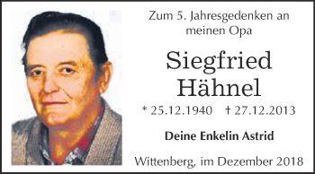 Traueranzeige von Siegfried Hähnel von Super Sonntag Wittenberg