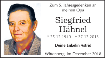 Traueranzeige von Siegfried Hähnel von Mitteldeutsche Zeitung Wittenberg