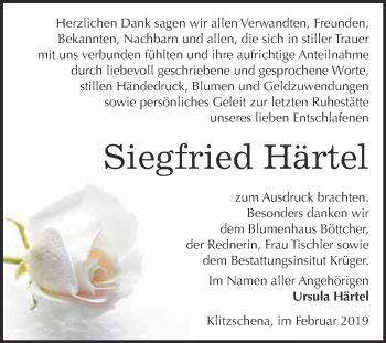 Traueranzeige von Siegfried Härtel von WVG - Wochenspiegel Wittenberg