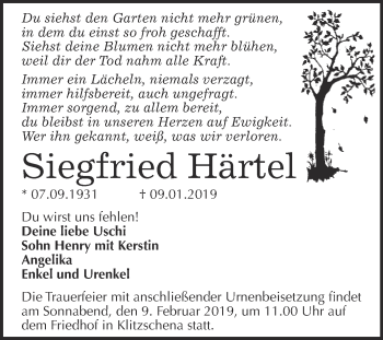 Traueranzeige von Siegfried Härtel von WVG - Wochenspiegel Wittenberg