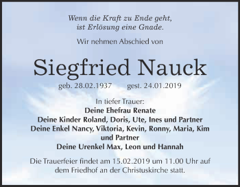 Traueranzeige von Siegfried Nauck von Super Sonntag Wittenberg