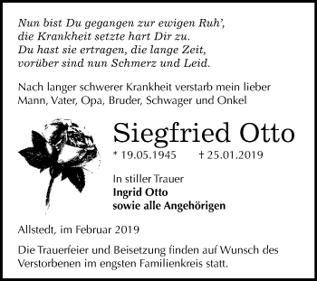 Traueranzeige von Siegfried Otto von Super Sonntag SGH Mansf. Land