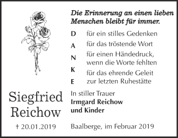 Traueranzeige von Siegfried Reichow von Super Sonntag Bernburg