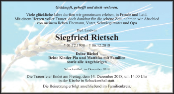Traueranzeige von Siegfried Rietsch von Mitteldeutsche Zeitung Aschersleben