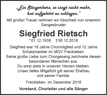 Traueranzeige von Siegfried Rietsch von WVG - Wochenspiegel Aschersleben