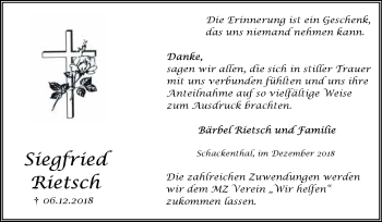 Traueranzeige von Siegfried Rietsch von Super Sonntag Aschersleben