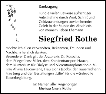 Traueranzeige von Siegfried Rothe von WVG - Wochenspiegel Dessau / Köthen