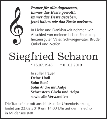Traueranzeige von Siegfried Scharon von WVG - Wochenspiegel Dessau / Köthen