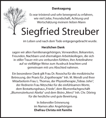 Traueranzeige von Siegfried Streuber von WVG - Wochenspiegel Dessau / Köthen