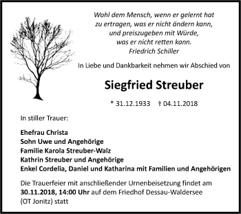 Traueranzeige von Siegfried Streuber von Mitteldeutsche Zeitung Dessau-Roßlau