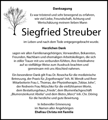 Traueranzeige von Siegfried Streuber von Mitteldeutsche Zeitung Dessau-Roßlau