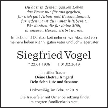 Traueranzeige von Siegfried Vogel von WVG - Wochenspiegel Bitterfeld