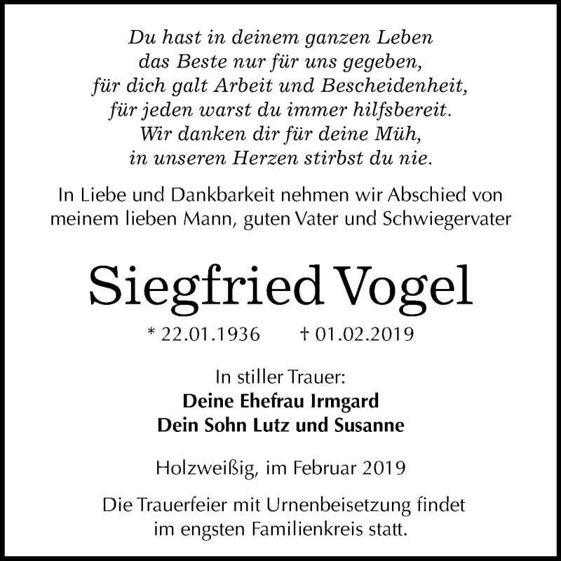  Traueranzeige für Siegfried Vogel vom 08.02.2019 aus Mitteldeutsche Zeitung Bitterfeld