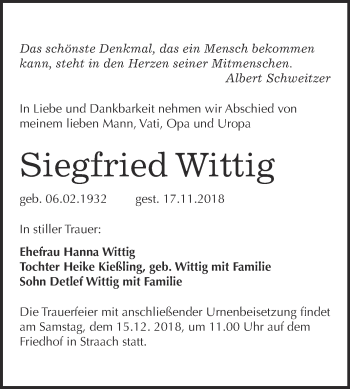 Traueranzeige von Siegfried Wittig von WVG - Wochenspiegel Wittenberg