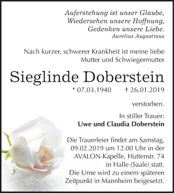Traueranzeige von Sieglinde Doberstein von Mitteldeutsche Zeitung Halle/Saalkreis