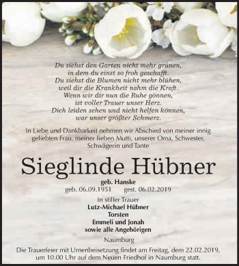 Traueranzeige von Sieglinde Hübner von WVG - Wochenspiegel NMB / WSF / ZTZ