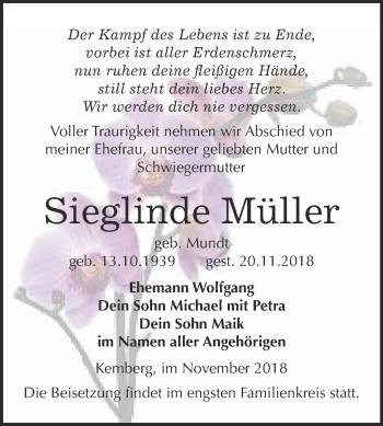 Traueranzeige von Sieglinde Müller von WVG - Wochenspiegel Bitterfeld