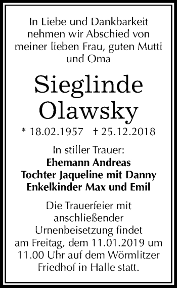 Traueranzeige von Sieglinde Olawsky von Mitteldeutsche Zeitung Halle/Saalkreis