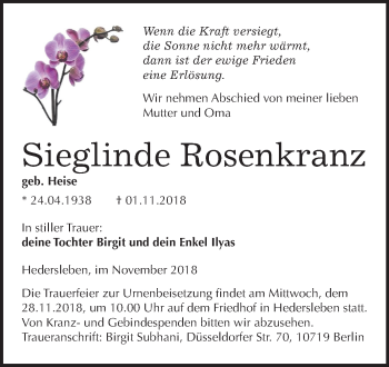 Traueranzeige von Sieglinde Rosenkranz von Mitteldeutsche Zeitung Aschersleben