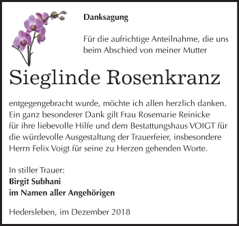 Traueranzeige von Sieglinde Rosenkranz von Mitteldeutsche Zeitung Mansfelder Land