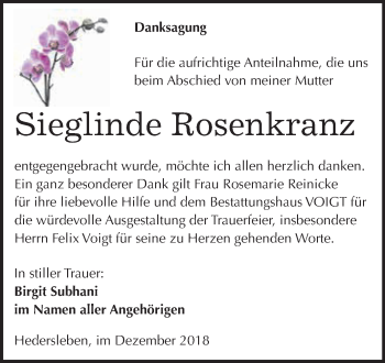 Traueranzeige von Sieglinde Rosenkranz von Wochenspiegel Mansfelder Land