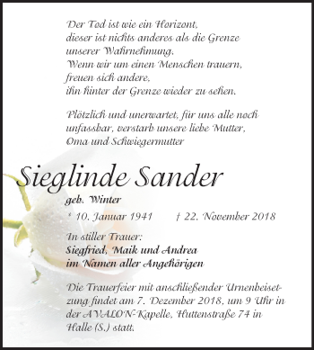 Traueranzeige von Sieglinde Sander von Mitteldeutsche Zeitung Halle/Saalkreis