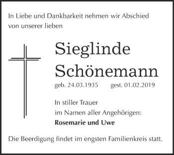 Traueranzeige von Sieglinde Schönemann von WVG - Wochenspiegel Dessau / Köthen