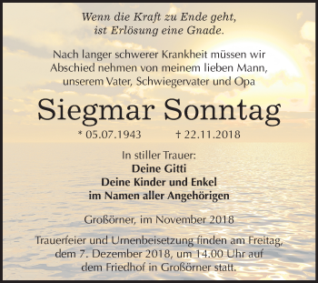 Traueranzeige von Siegmar Sonntag von Mitteldeutsche Zeitung Mansfelder Land