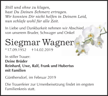 Traueranzeige von Siegmar Wagner von Super Sonntag Merseburg