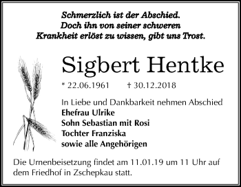 Traueranzeige von Sigbert Hentke von Mitteldeutsche Zeitung Bitterfeld