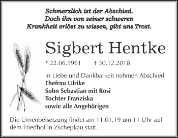 Traueranzeige von Sigbert Hentke von WVG - Wochenspiegel Dessau / Köthen