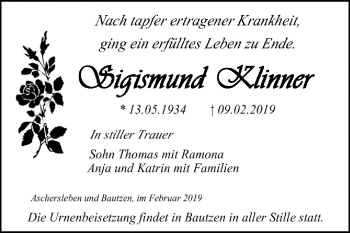 Traueranzeige von Sigismund Klinner von Mitteldeutsche Zeitung Aschersleben