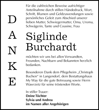 Traueranzeige von Siglinde Burchardt von WVG - Wochenspiegel NMB / WSF / ZTZ