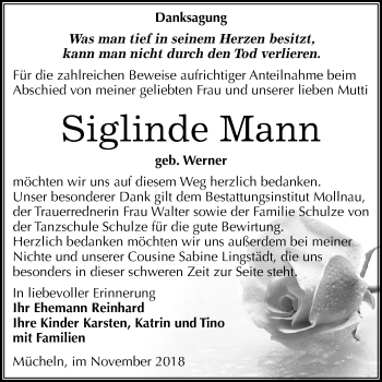 Traueranzeige von Siglinde Mann von Mitteldeutsche Zeitung Merseburg/Querfurt