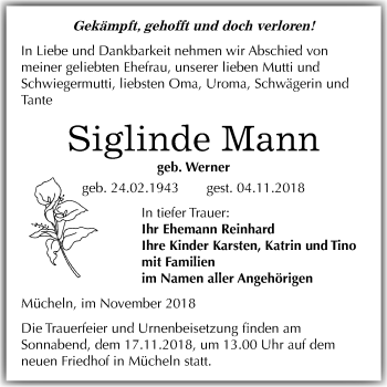 Traueranzeige von Siglinde Mann von Mitteldeutsche Zeitung Merseburg/Querfurt