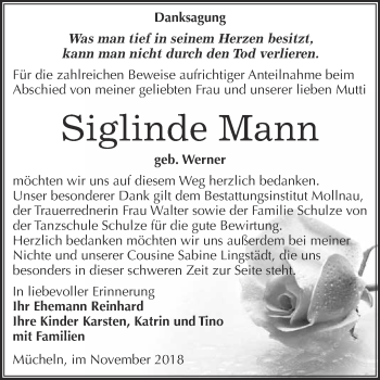 Traueranzeige von Siglinde Mann von WVG - Wochenspiegel Merseburg