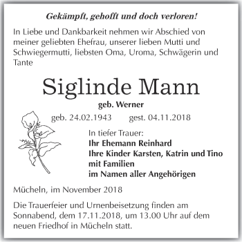 Traueranzeige von Siglinde Mann von WVG - Wochenspiegel Merseburg