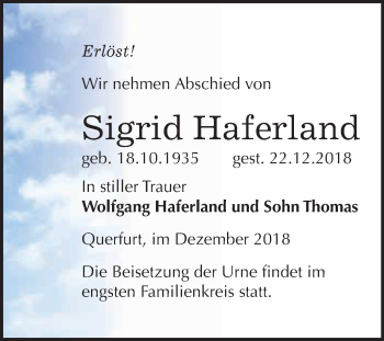 Traueranzeige von Sigrid Haferland von WVG - Wochenspiegel Merseburg