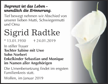 Traueranzeige von Sigrid Radtke von WVG - Wochenspiegel Bitterfeld