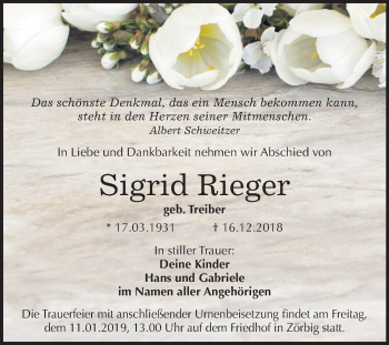 Traueranzeige von Sigrid Rieger von Mitteldeutsche Zeitung Bitterfeld