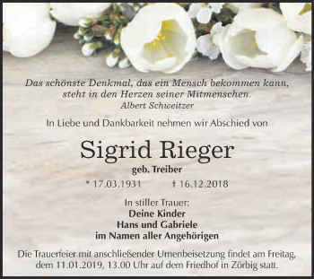Traueranzeige von Sigrid Rieger von WVG - Wochenspiegel Bitterfeld