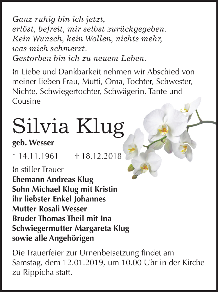  Traueranzeige für Silvia Klug vom 29.12.2018 aus Mitteldeutsche Zeitung Zeitz